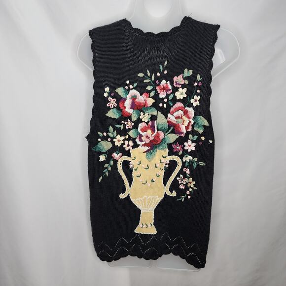 Vintage Capacity 90's Black V Neck Women's Embroidered Flowers Button Front Vest - Picture 2 of 15